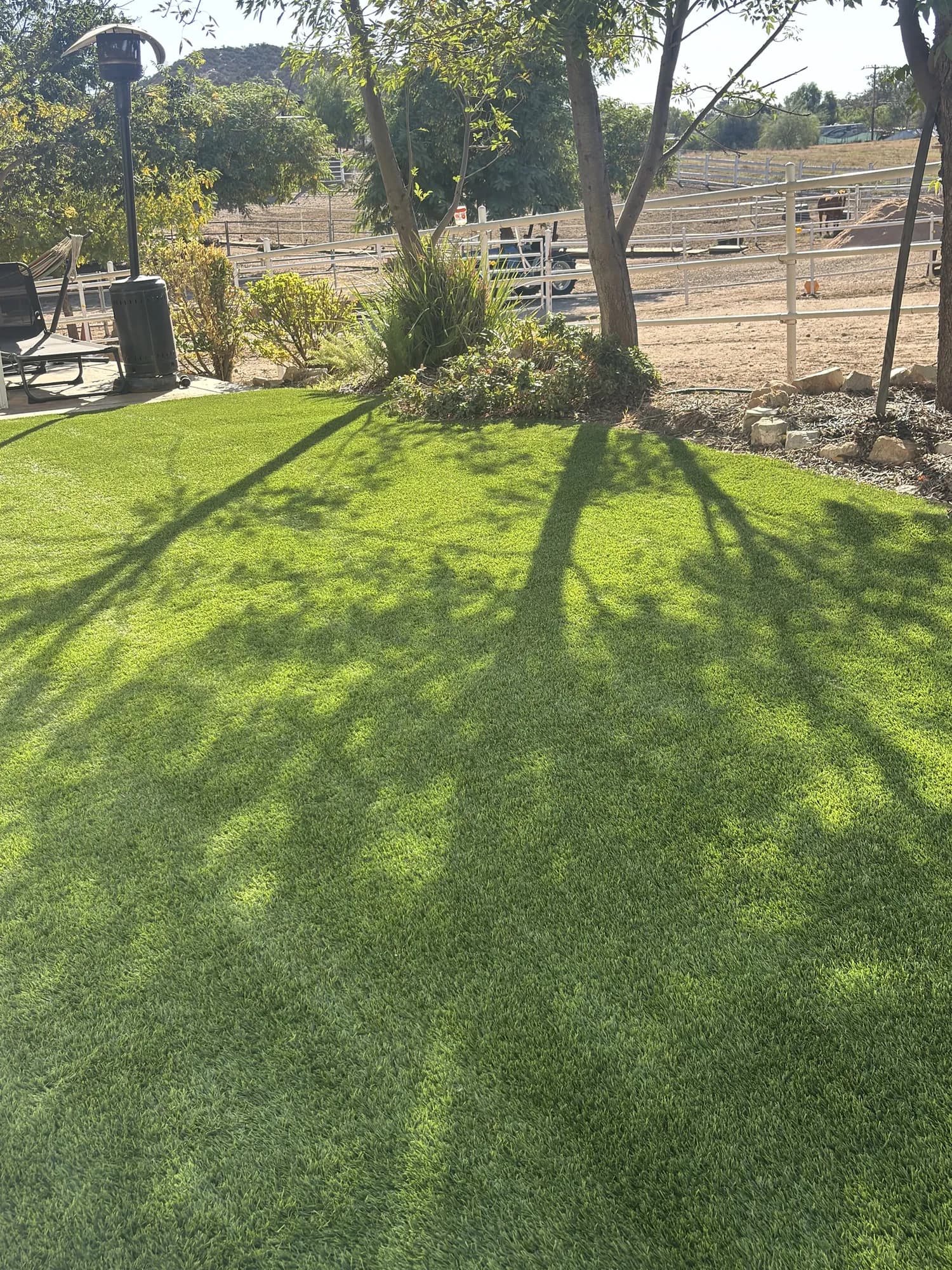 Clean artificial lawn with long tree shadows next to a ranch corral