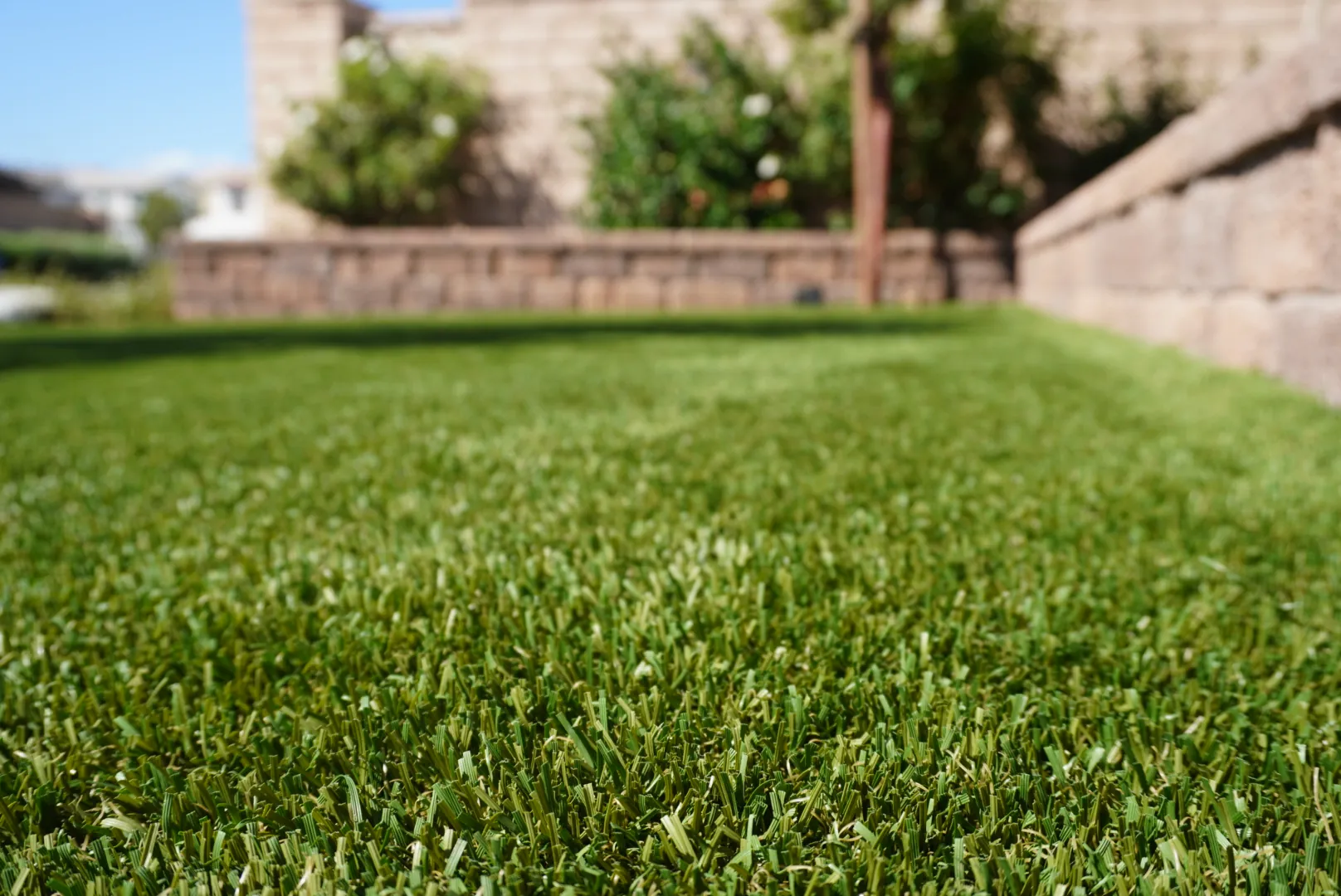 Close-up of soft, freshly brushed turf in front of a stone planter