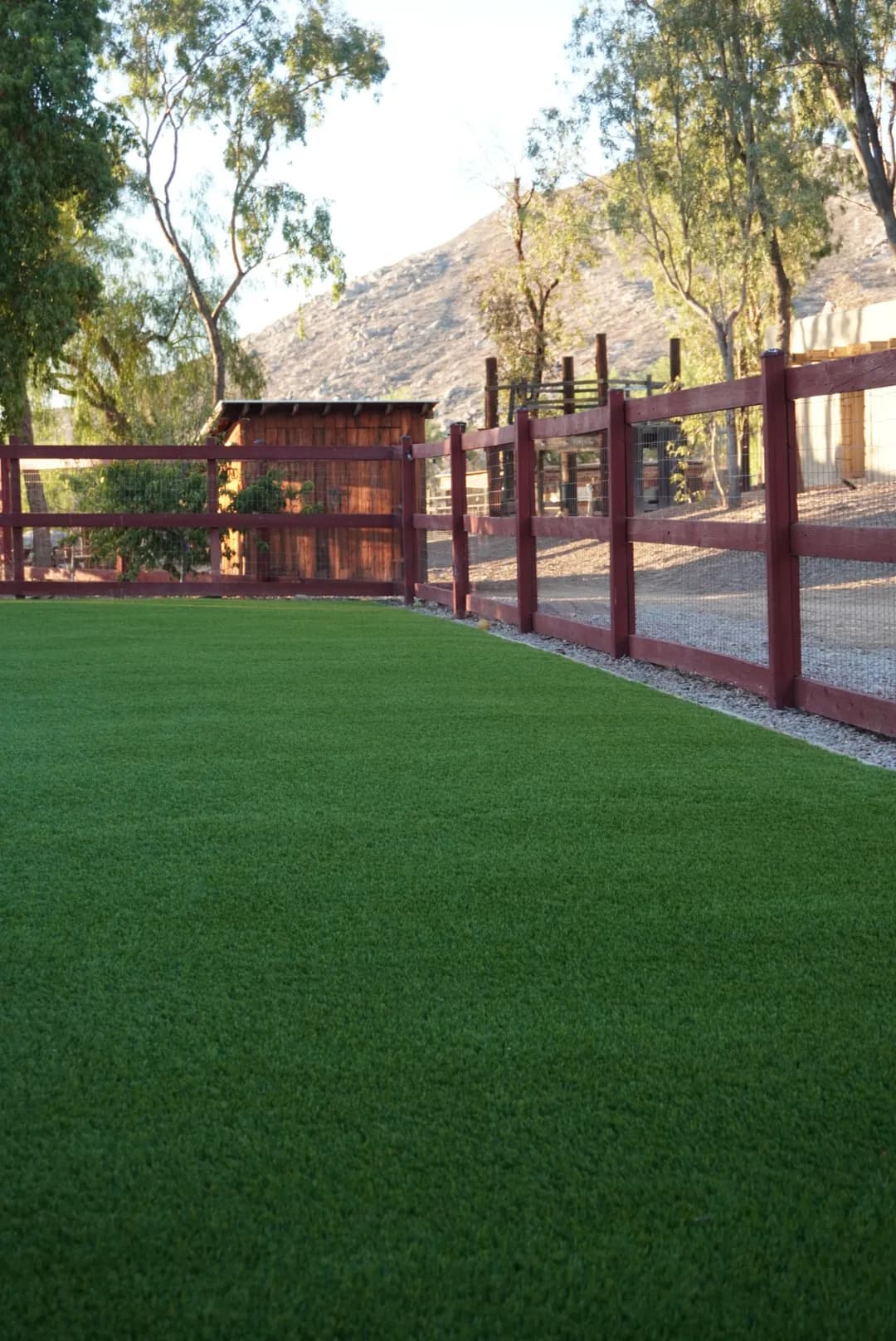 Turf yard bordered by a red wooden fence, with dry hills in the background